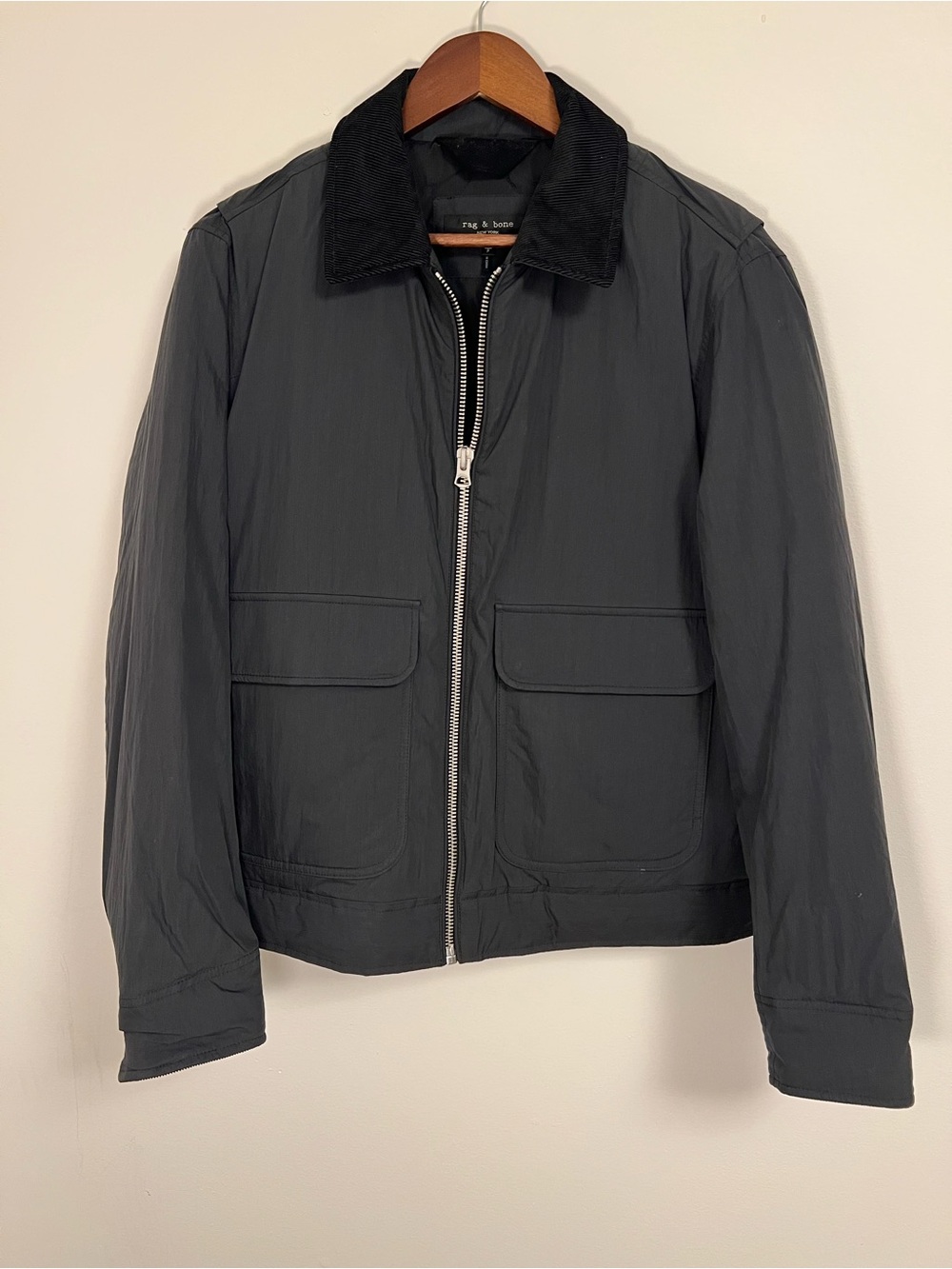 Rag & Bone Men's Black Nylon Trucker Jacket with Corduroy Collar